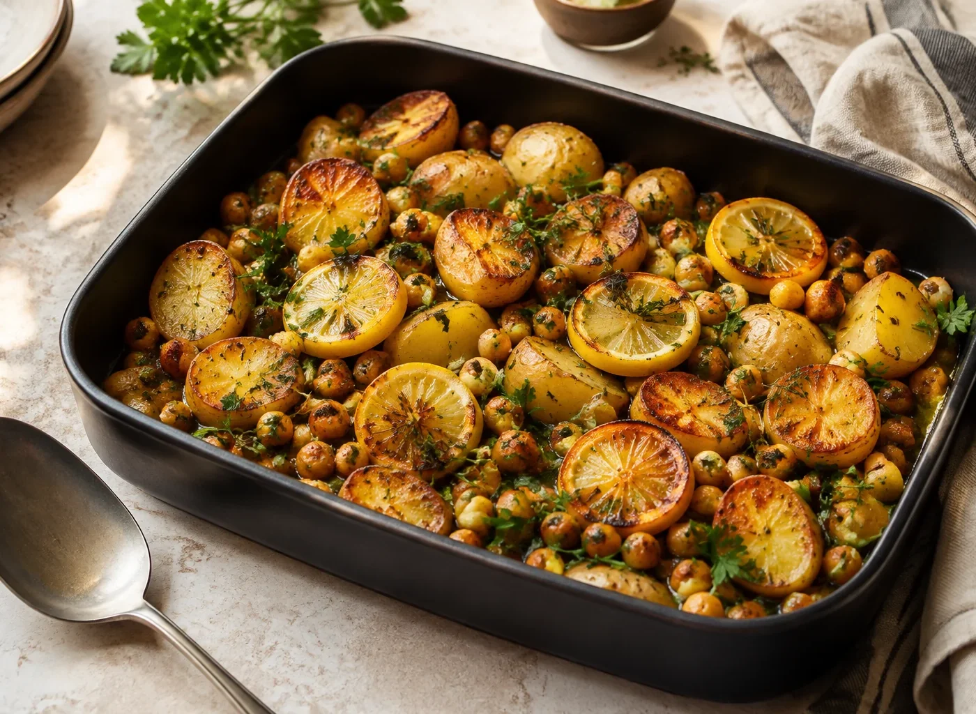 Golden roasted potatoes and chickpeas with lemon slices, parsley and thyme in a dark roasting pan