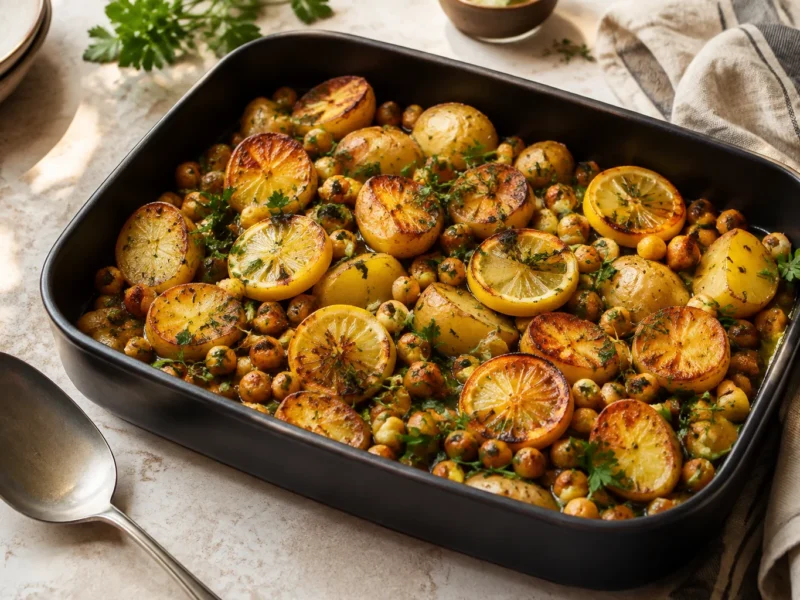Golden roasted potatoes and chickpeas with lemon slices, parsley and thyme in a dark roasting pan