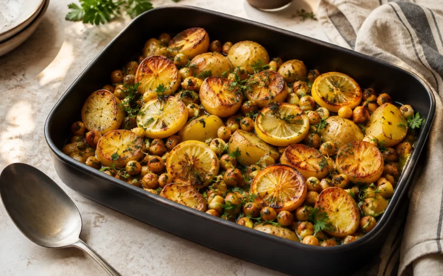 Golden roasted potatoes and chickpeas with lemon slices, parsley and thyme in a dark roasting pan