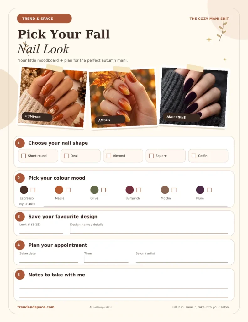 Preview of the free fall nail planning sheet for shape colour design and salon details