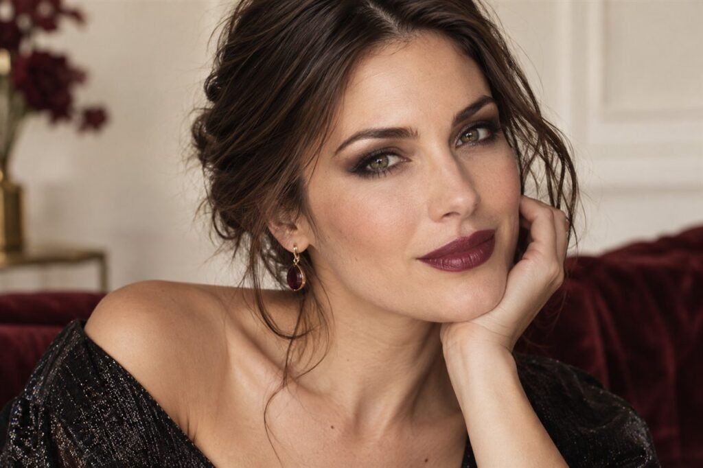 Soft charcoal smoky eye makeup paired with a muted satin berry lip