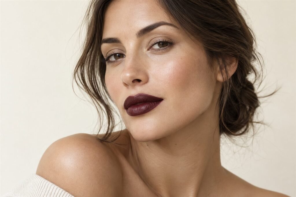 Precisely shaped cool-berry lipstick with a nearly bare eye and natural skin
