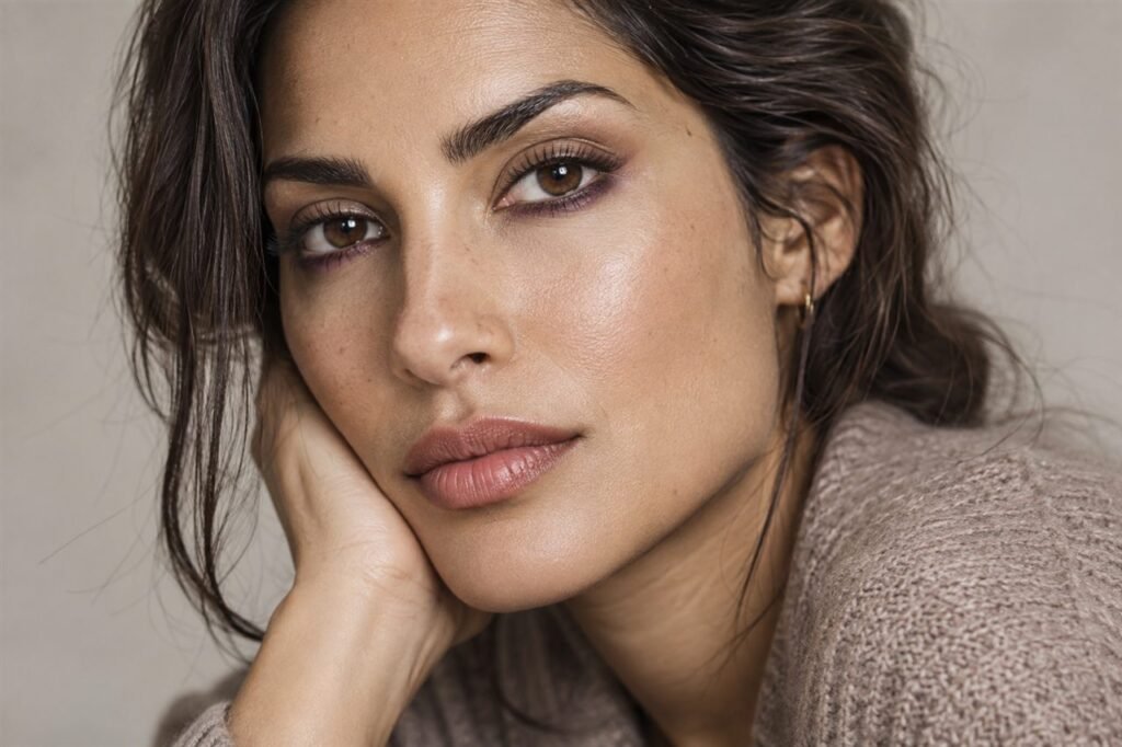 Soft plum shadow smudged beneath the lower lashes with neutral lids