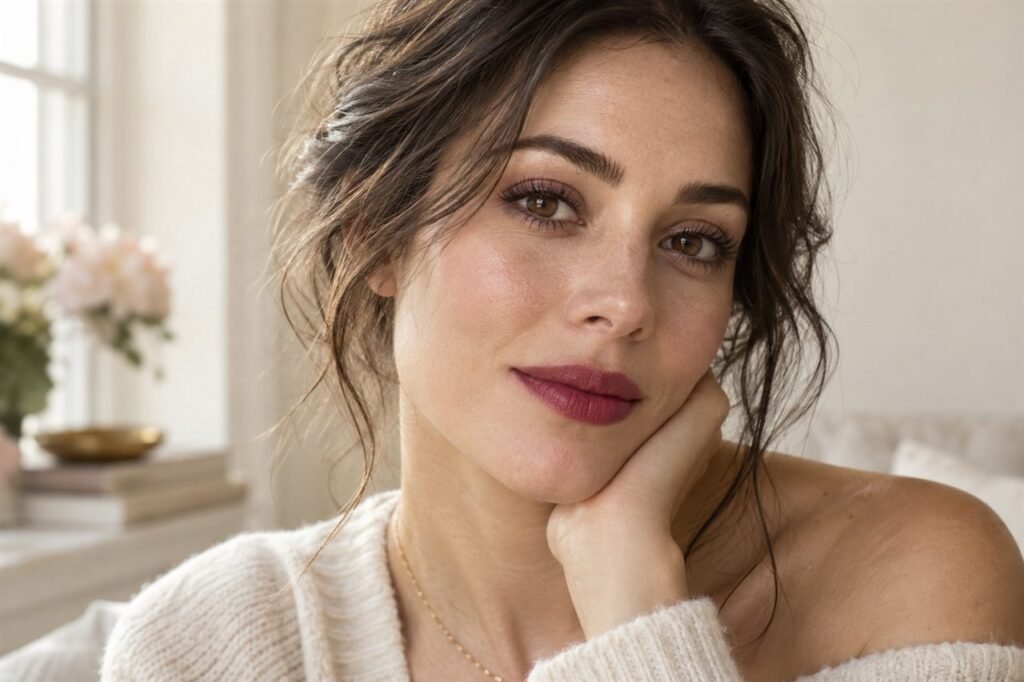 Wearable blotted berry lip stain with brushed brows and natural skin