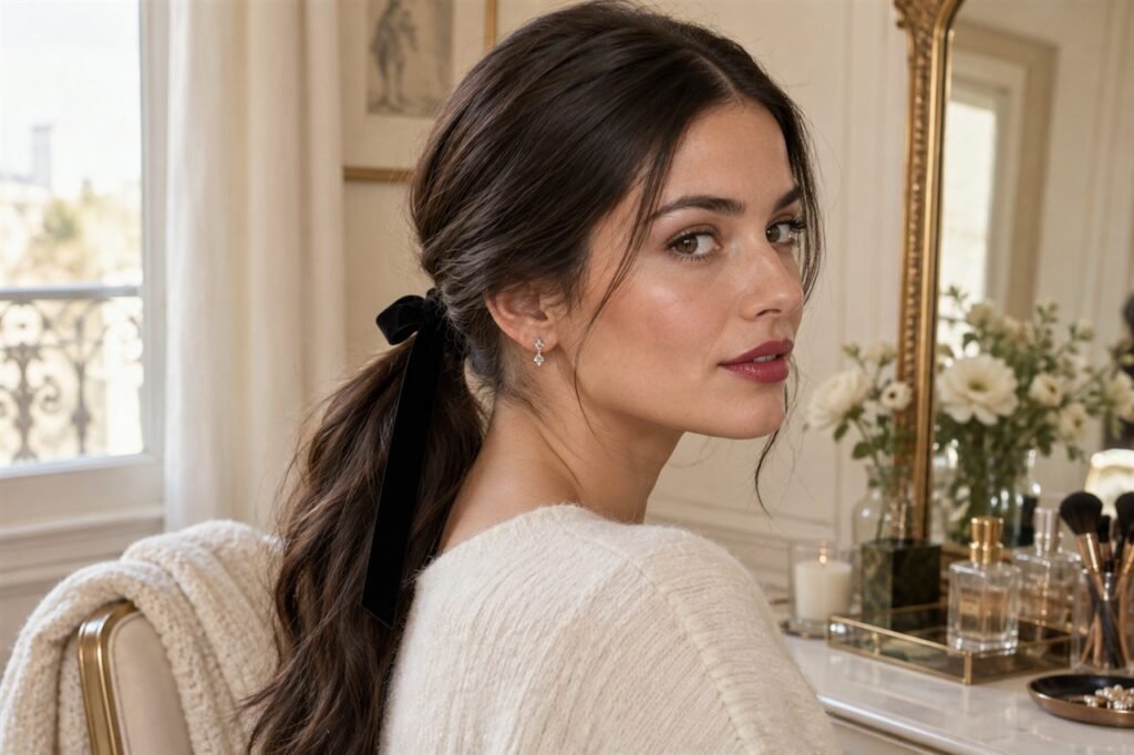 Low ponytail tied with a narrow black velvet ribbon and simple silver earrings