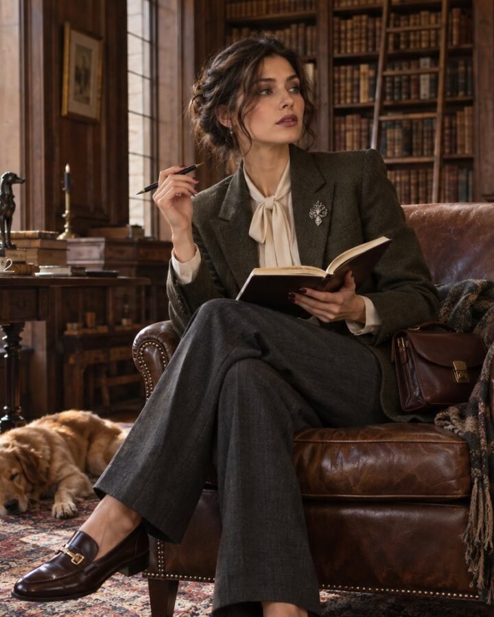 Woman in an olive blazer and ivory tie-neck blouse writing in a warm autumn library
