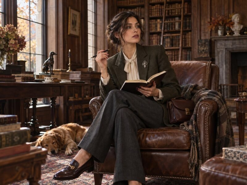 Woman in an olive blazer and ivory tie-neck blouse writing in a warm autumn library