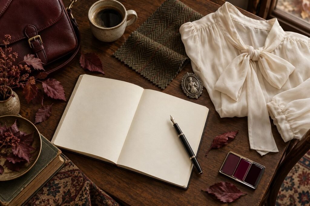 Poetcore autumn moodboard with a blank notebook, fountain pen, ivory blouse, tweed and oxblood satchel