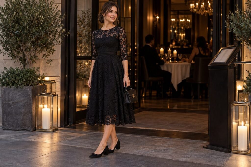 Lined black lace midi dress styled with low block heels and a structured bag