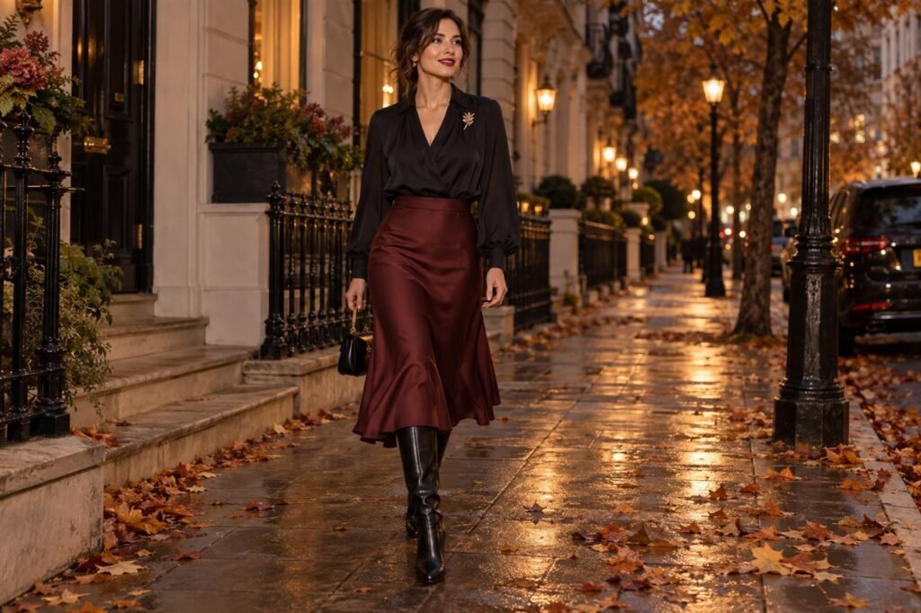 Draped black blouse styled with an oxblood midi skirt and tall boots