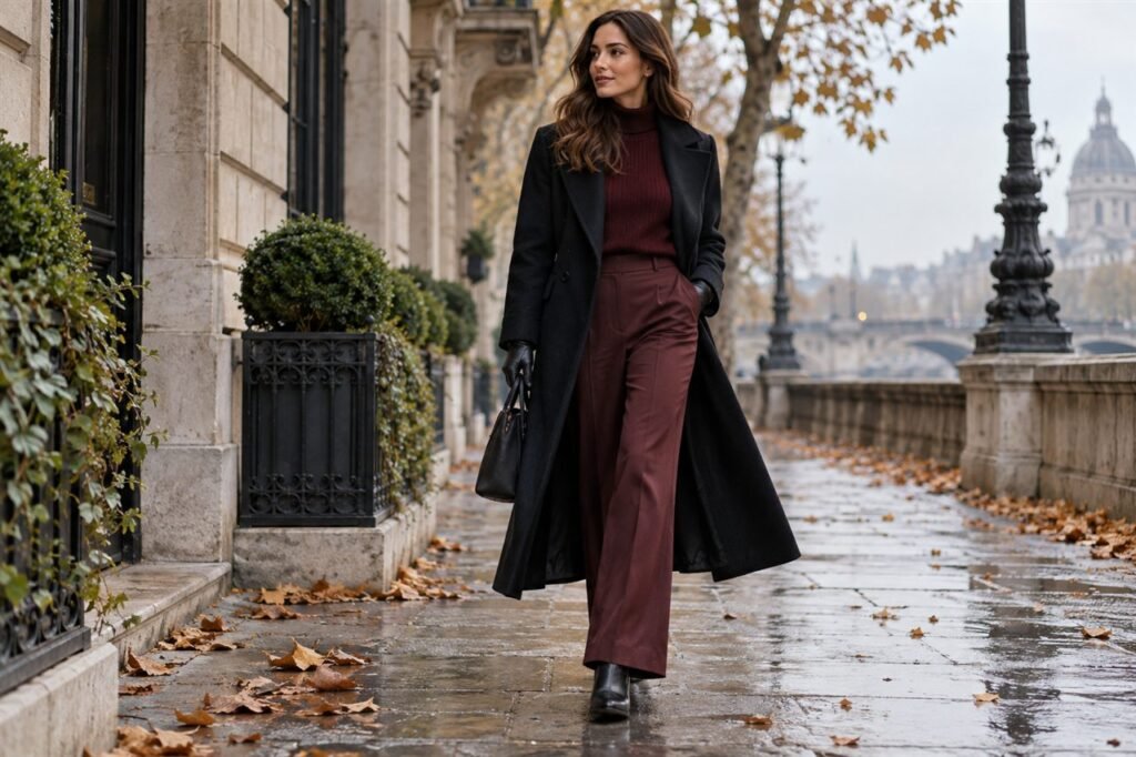 Long black coat worn over a tonal burgundy knit and oxblood trousers