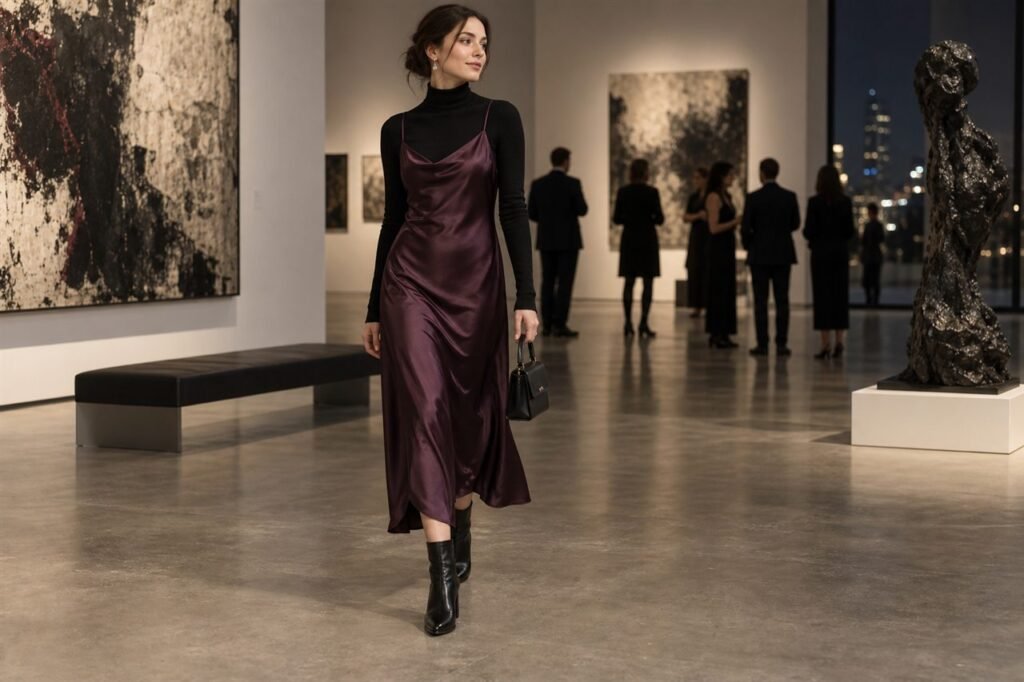 Plum satin slip dress layered over a fitted black knit with ankle boots