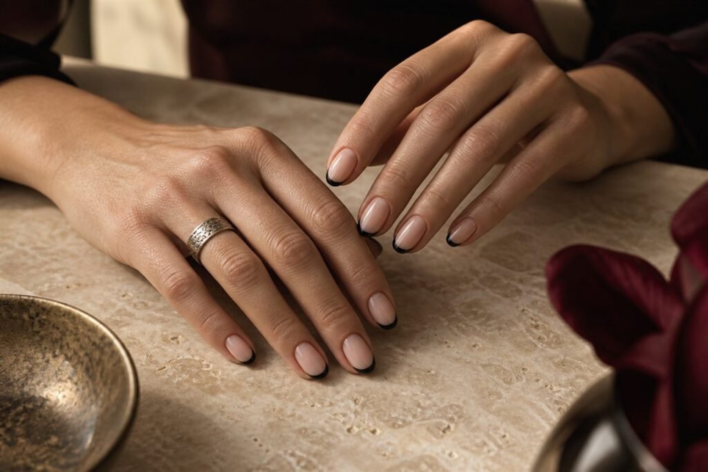 Short almond nails with ultra-thin black French tips over a sheer neutral base