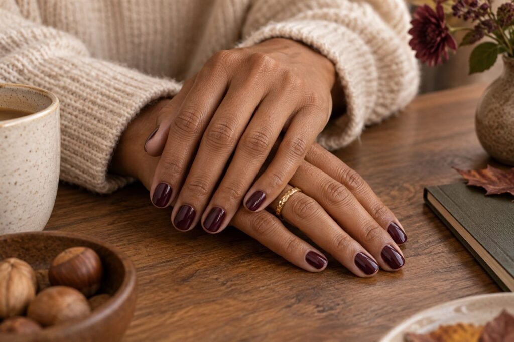 Short practical squoval nails painted in a rich glossy plum shade