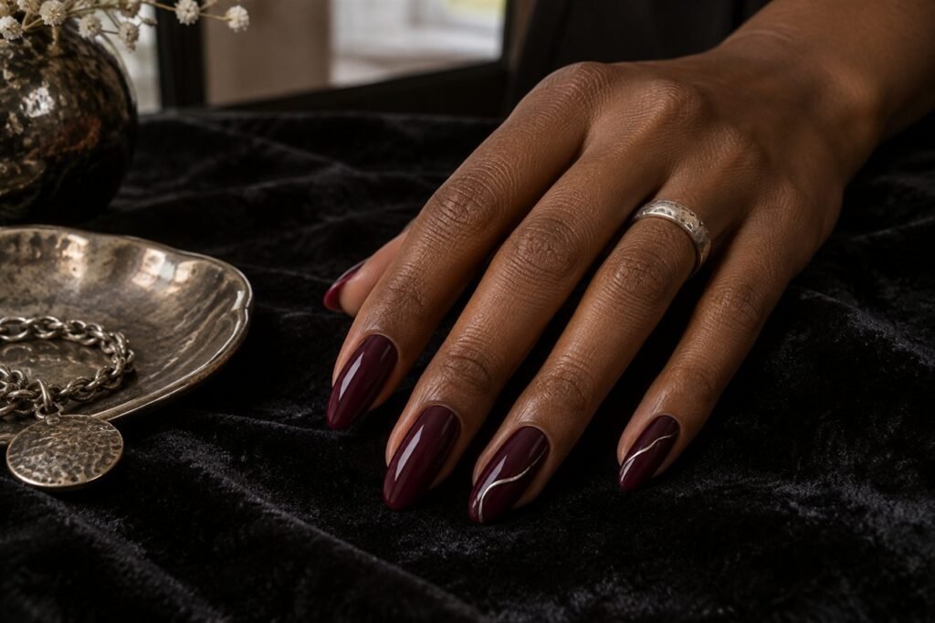 Burgundy almond nails with fine curved antique-silver accent lines