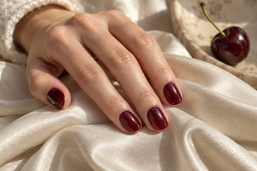 Short oval nails with translucent oxblood jelly layers and realistic shine