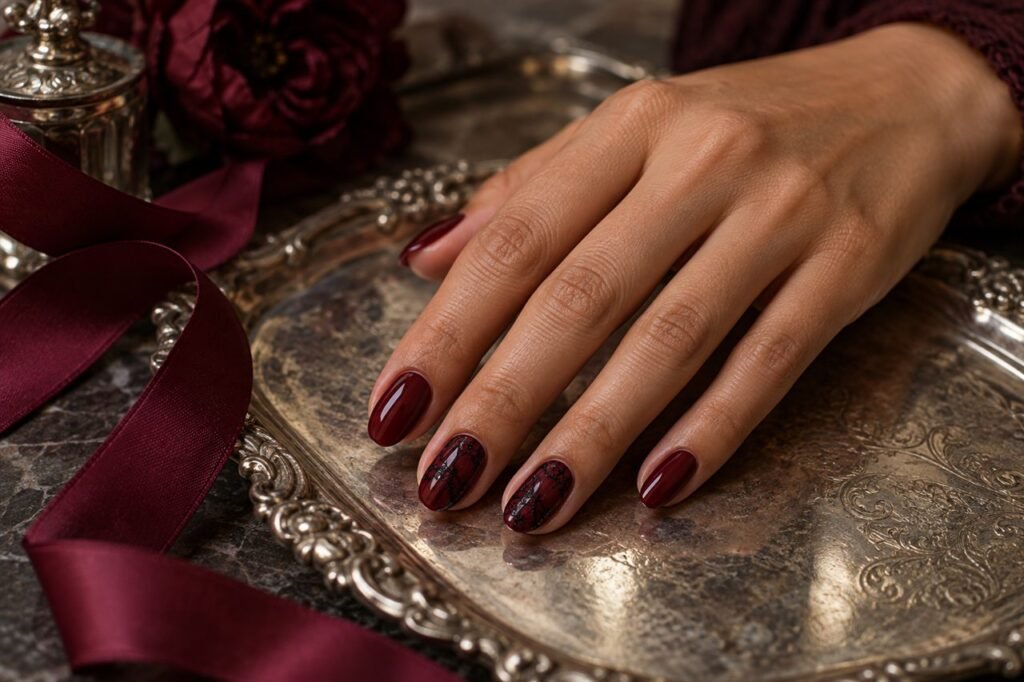 Wine-red manicure with delicate black lace-inspired curves on accent nails