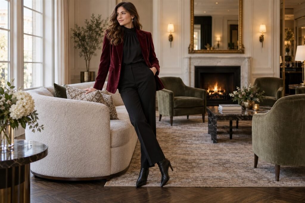 Burgundy velvet blazer styled with a black blouse and tailored trousers