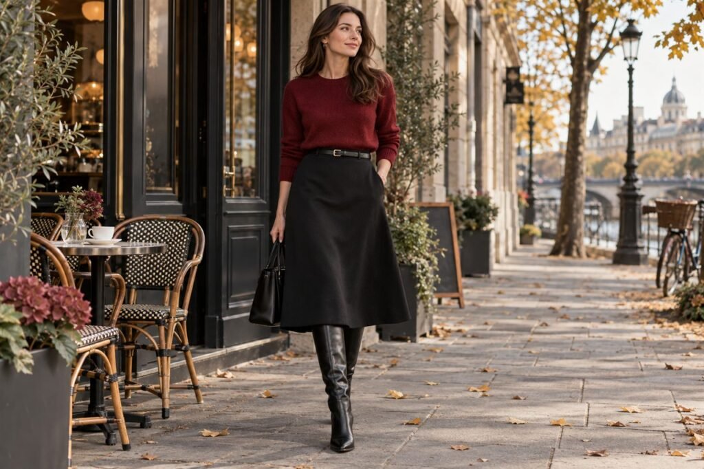 Deep-cherry knit styled with a black A-line midi skirt and tall boots