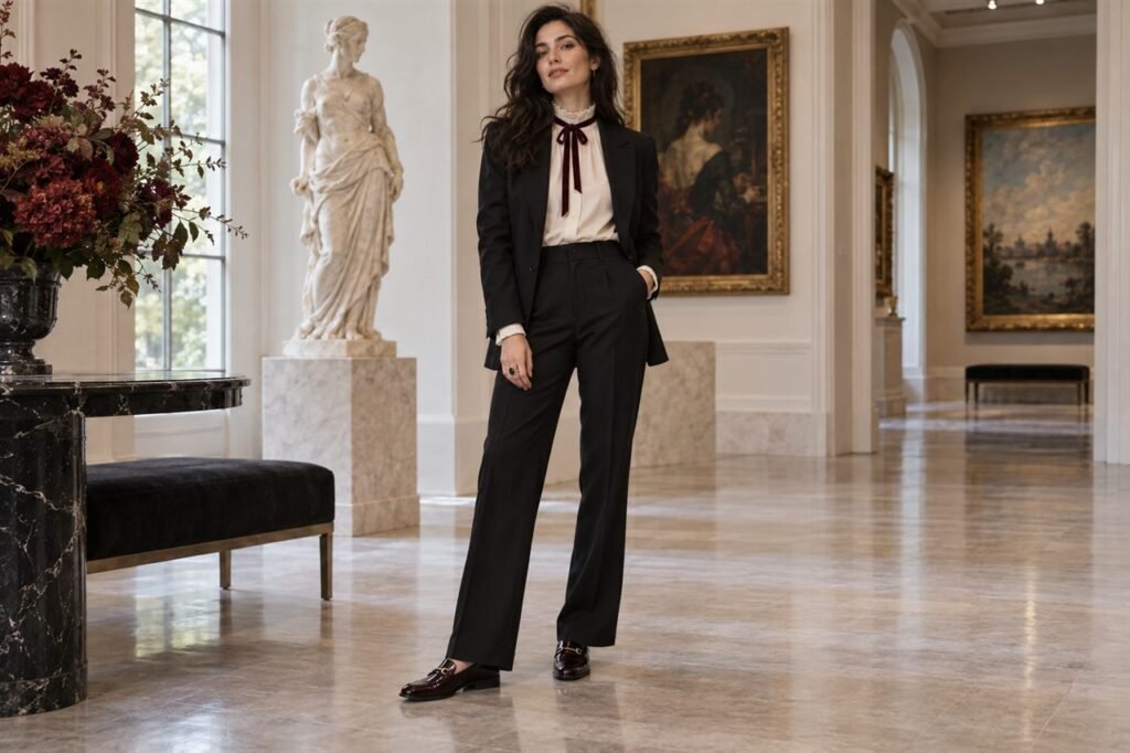 Black tailored suit with an ivory blouse and narrow burgundy ribbon tie