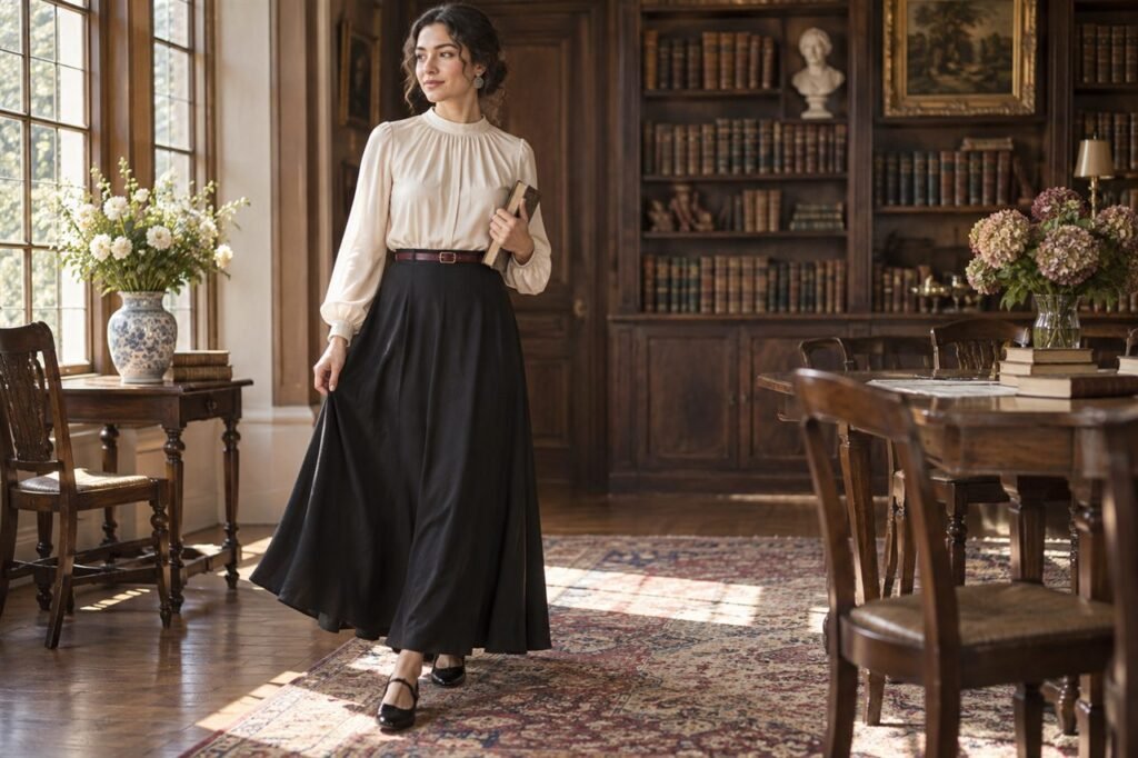 Warm-ivory gathered blouse styled with a long black skirt and Mary Jane flats