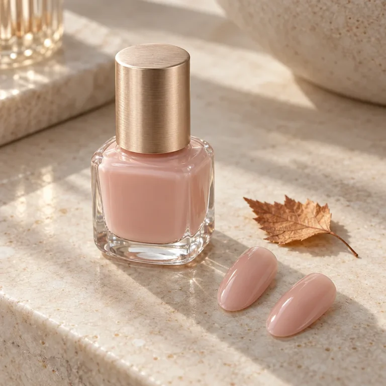 Sheer nude pink nail polish bottle with two matching almond nail colour samples