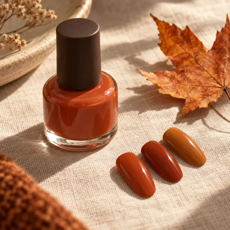 Burnt orange nail polish bottle with three warm orange nail colour samples and an autumn leaf