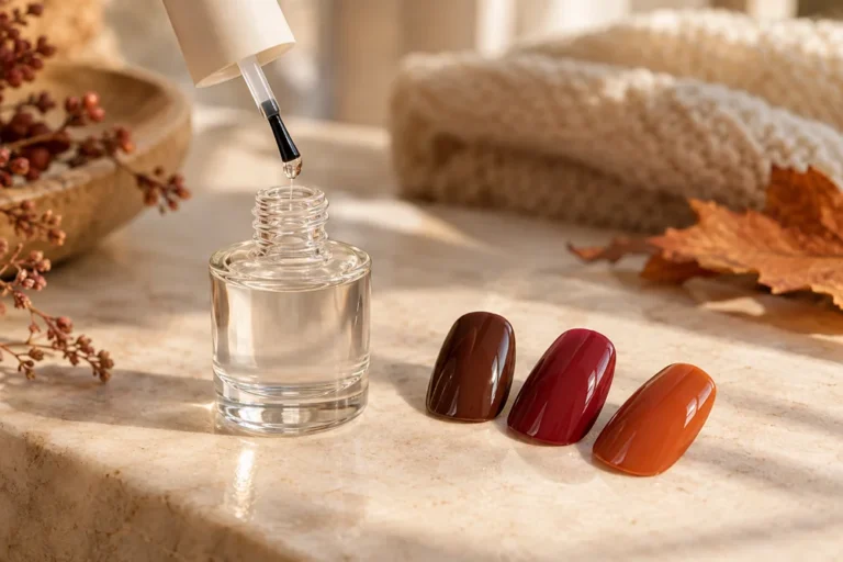 Clear top coat beside glossy brown red and orange nail colour samples in an autumn setting