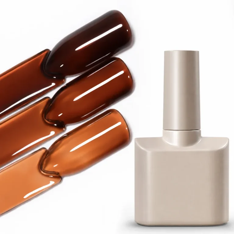 Caramel brown translucent nail colour samples beside a neutral gel polish bottle