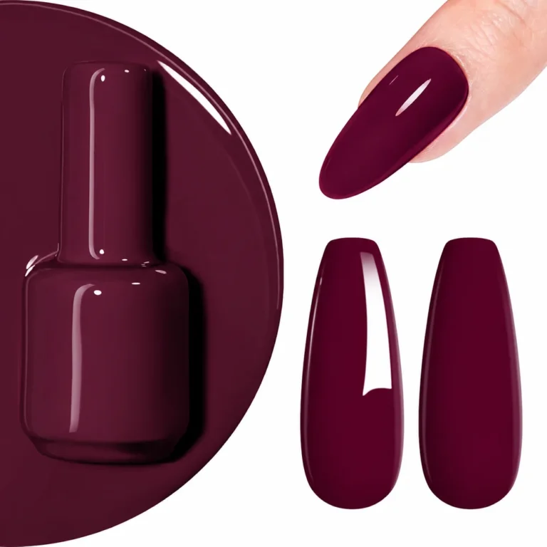 Deep plum gel polish bottle with matching glossy nail colour samples