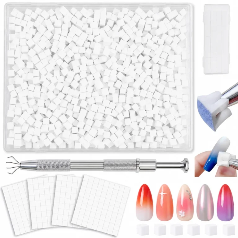 Box of mini white ombre nail sponges with a pick-up tool and gradient manicure examples