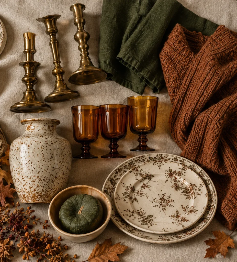 Curated fall decorating pieces including brass amber glass linen ceramic and patterned plates