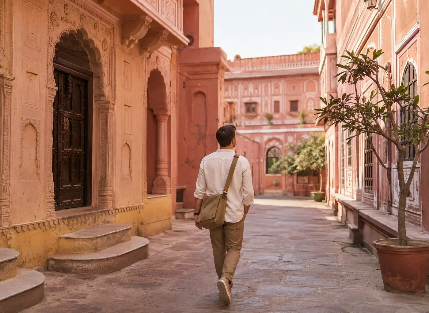Traveller walking through a quiet rose-toned historic street in Jaipur in the early morning