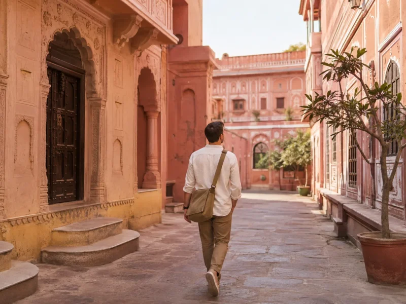 Traveller walking through a quiet rose-toned historic street in Jaipur in the early morning
