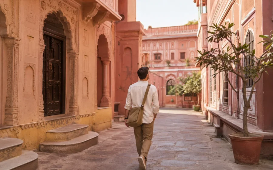 Traveller walking through a quiet rose-toned historic street in Jaipur in the early morning