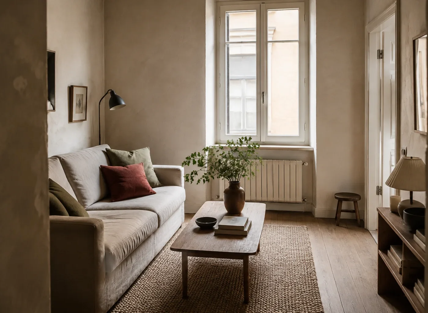 Calm small living room with a linen sofa, oak coffee table, textured rug and tall window
