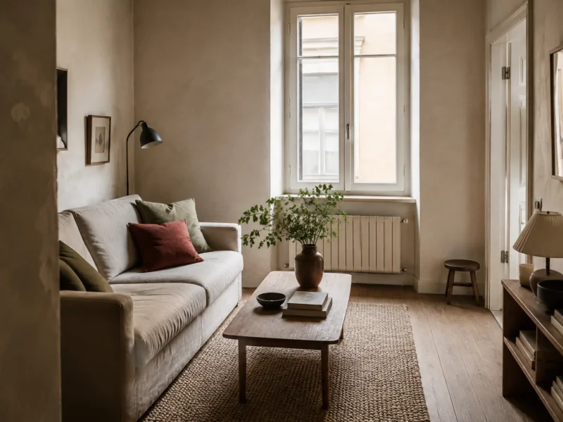 Calm small living room with a linen sofa, oak coffee table, textured rug and tall window