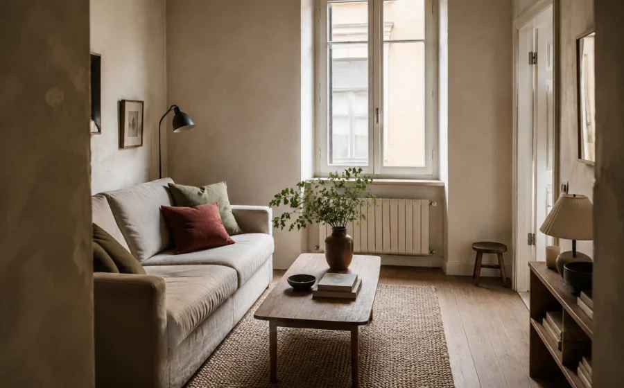 Calm small living room with a linen sofa, oak coffee table, textured rug and tall window