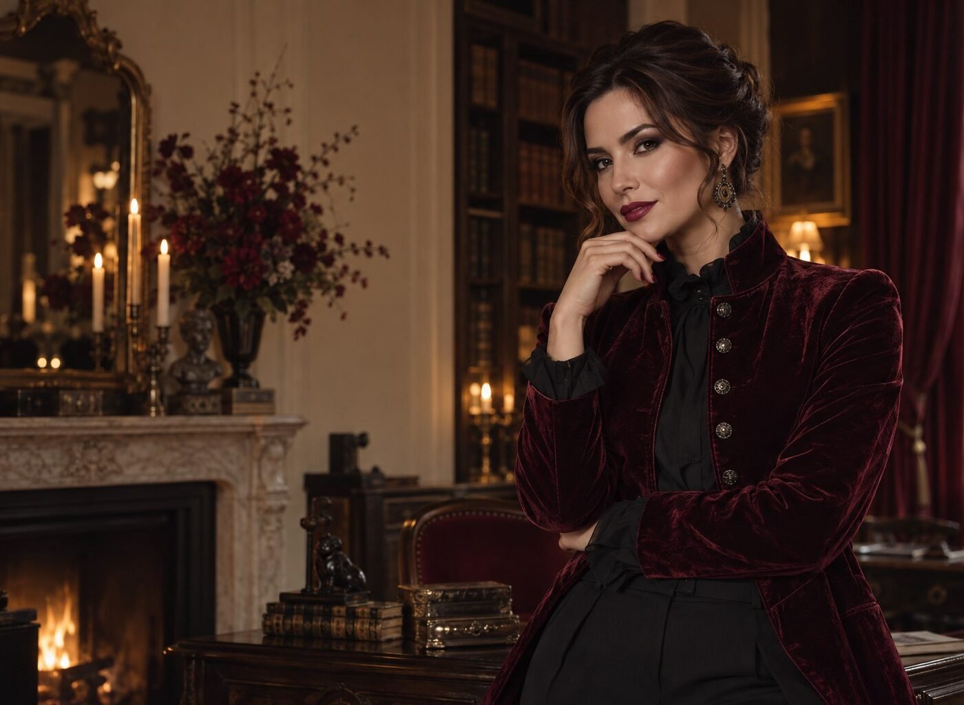 Vamp Romantic Halloween look with a burgundy velvet blazer in a candlelit room