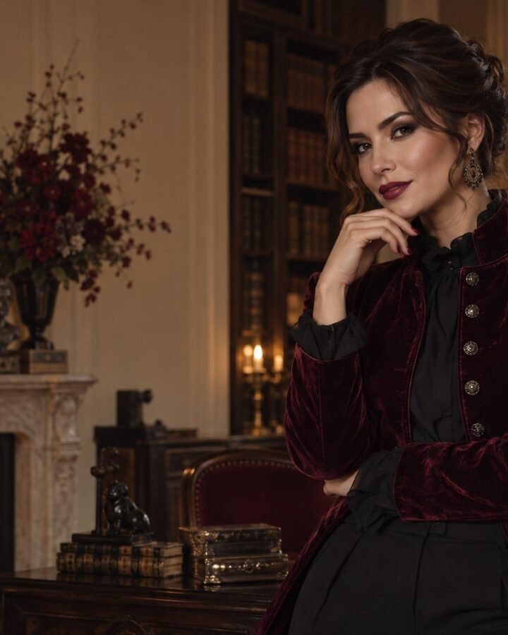 Vamp Romantic Halloween look with a burgundy velvet blazer in a candlelit room