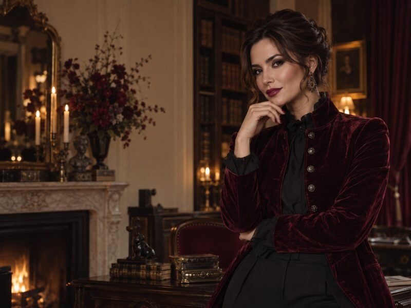 Vamp Romantic Halloween look with a burgundy velvet blazer in a candlelit room