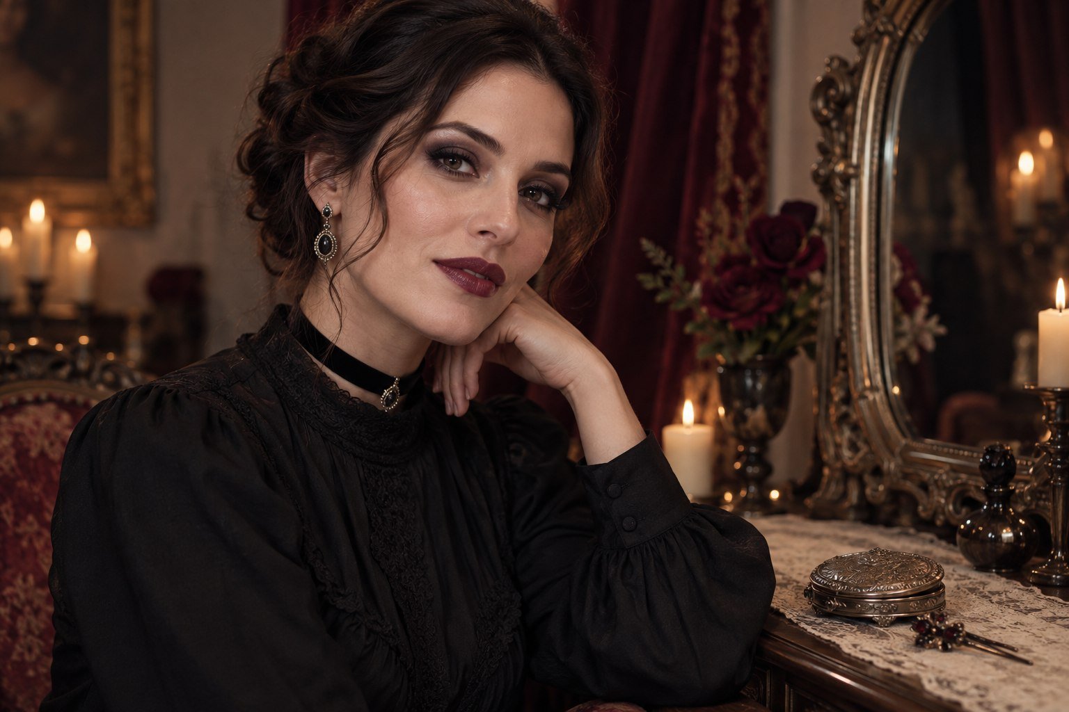 Woman wearing charcoal smoky eye makeup, berry lipstick and antique-silver jewelry