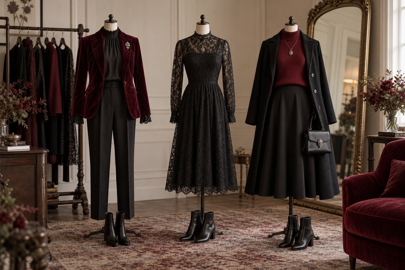 Three Vamp Romantic outfit formulas in burgundy velvet, black lace and deep-cherry knitwear