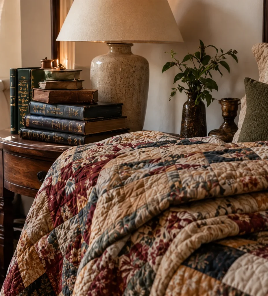 Stacked vintage books and patterned quilt adding personal fall texture