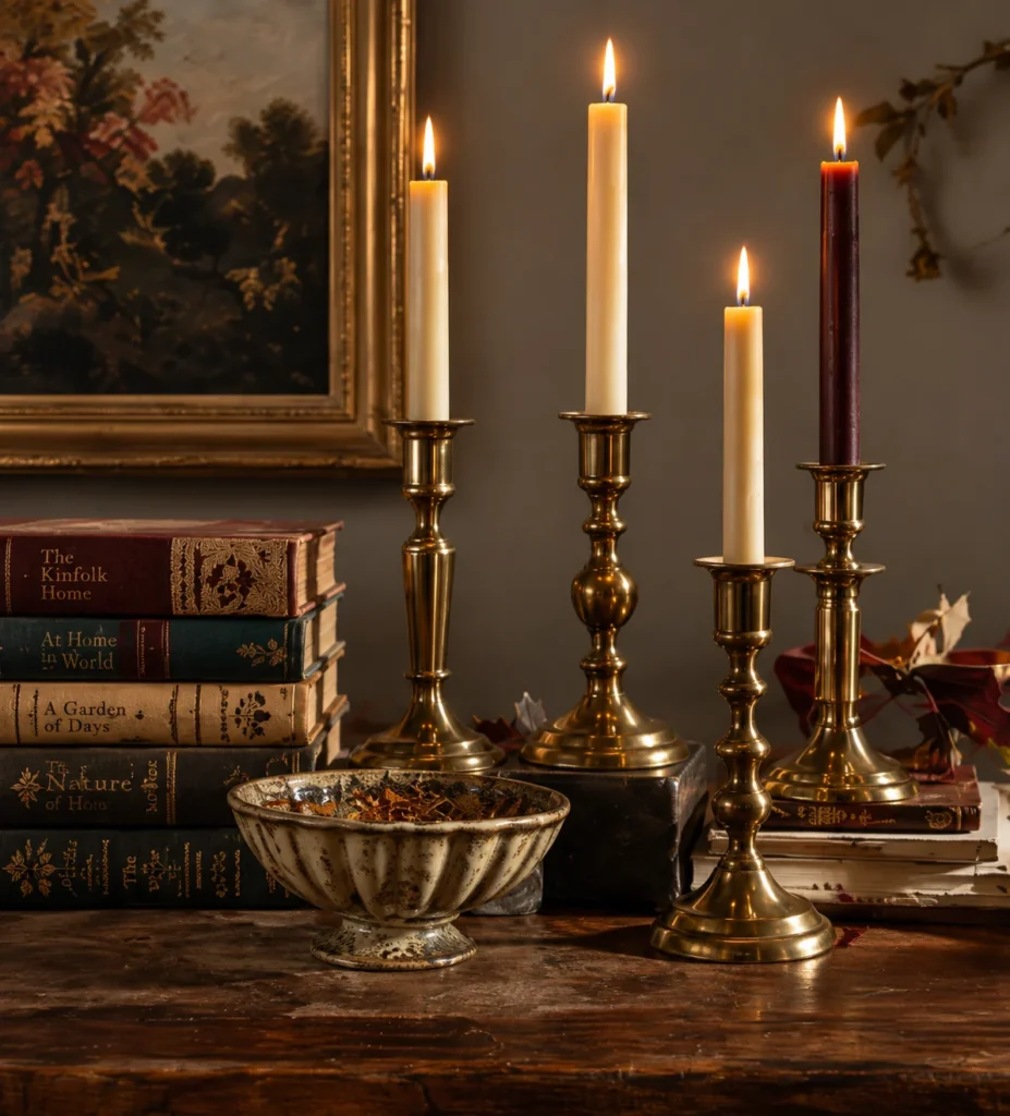 Mixed brass candlesticks in different heights styled with vintage books