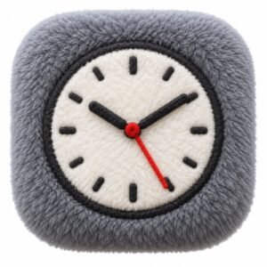 Grey fluffy clock app icon with a cream clock face