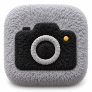Grey fluffy camera app icon with a black camera symbol
