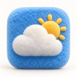 Blue fluffy weather app icon with a cream cloud and yellow sun