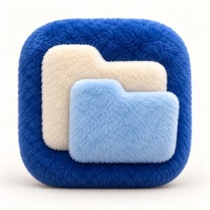 Blue fluffy files app icon with overlapping cream and pale blue folders
