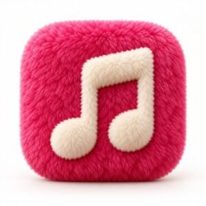 Pink fluffy music app icon with a cream musical note
